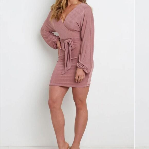 Petal & Pup Dusty Rose Pink Qasem Surplice Fitted Bodycon Mini Dress 10US - Picture 3 of 11